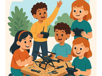 Kids joyfully assembling and controlling a drone together.