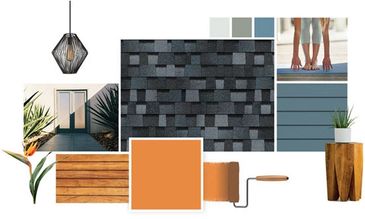 shingle sample board with storm cloud shingle. inspiration board for roofing