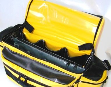 RBM Lockable Electrical Bag opened and showing zippered divider and slots for tools