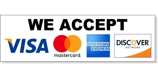 a sign of "we accept visa, mastercard, american express and discover card"