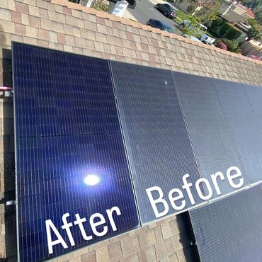 Comparison of solar panels before and after cleaning on a rooftop.