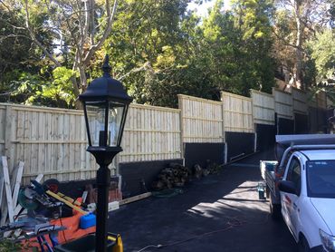 Stepped overlapped and capped pine paling