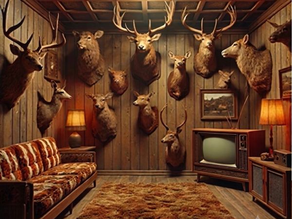 Vintage trophy room with deer mounts and retro decor.