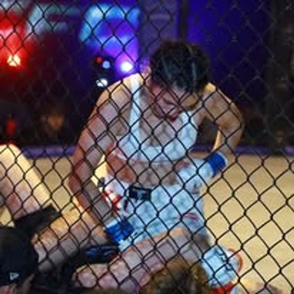 Two mixed martial artists fighting in a caged arena.