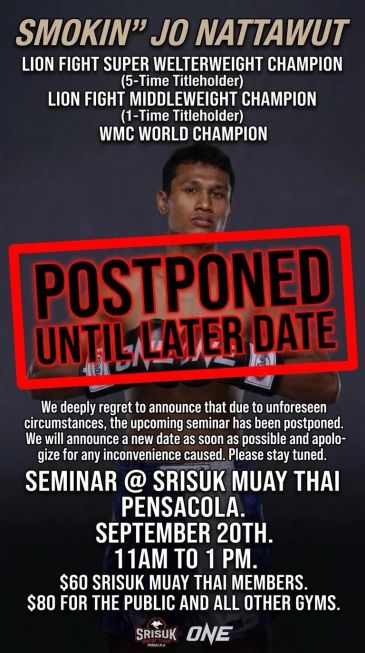 Muay Thai seminar postponed due to unforeseen circumstances.