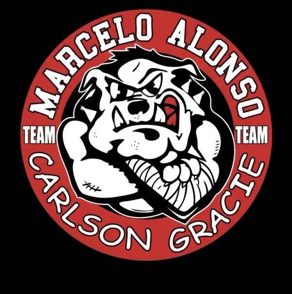 Cartoon bulldog logo with Marcelo Alonso and Carlson Gracie text.