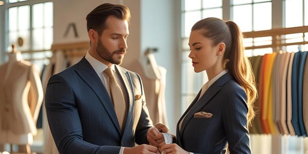 Two tailors measuring fabric in a bright, stylish workshop.