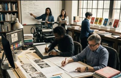 People working and collaborating in a creative office space.