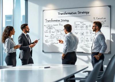 Team discussing transformation strategy at whiteboard.