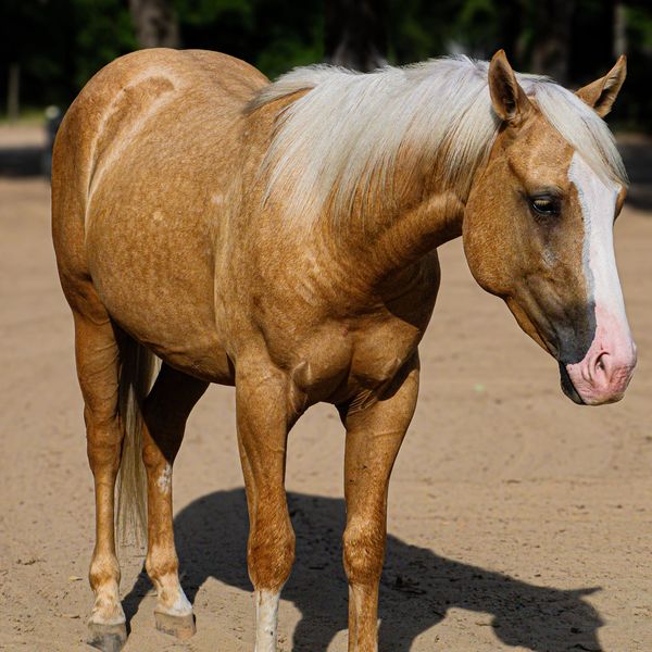 Palomino horse standing on dirt.
