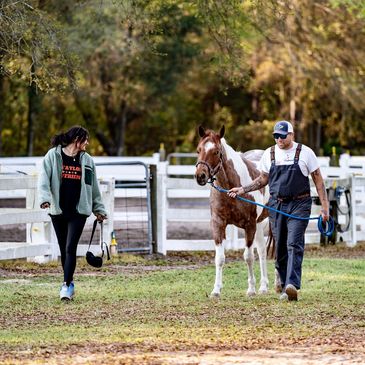 Two people walking a horse outdoors near white fences.
