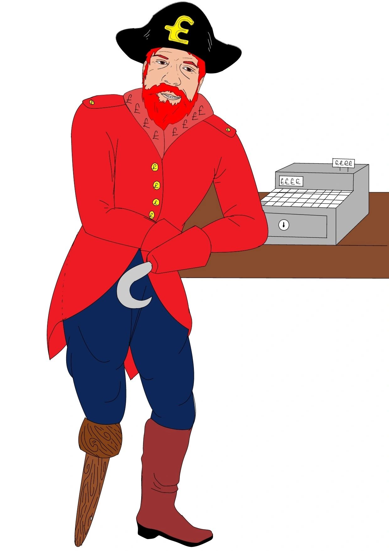 Pirate with a money-themed outfit leaning on a register.