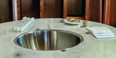 Baptismal font set ready for a baptism.