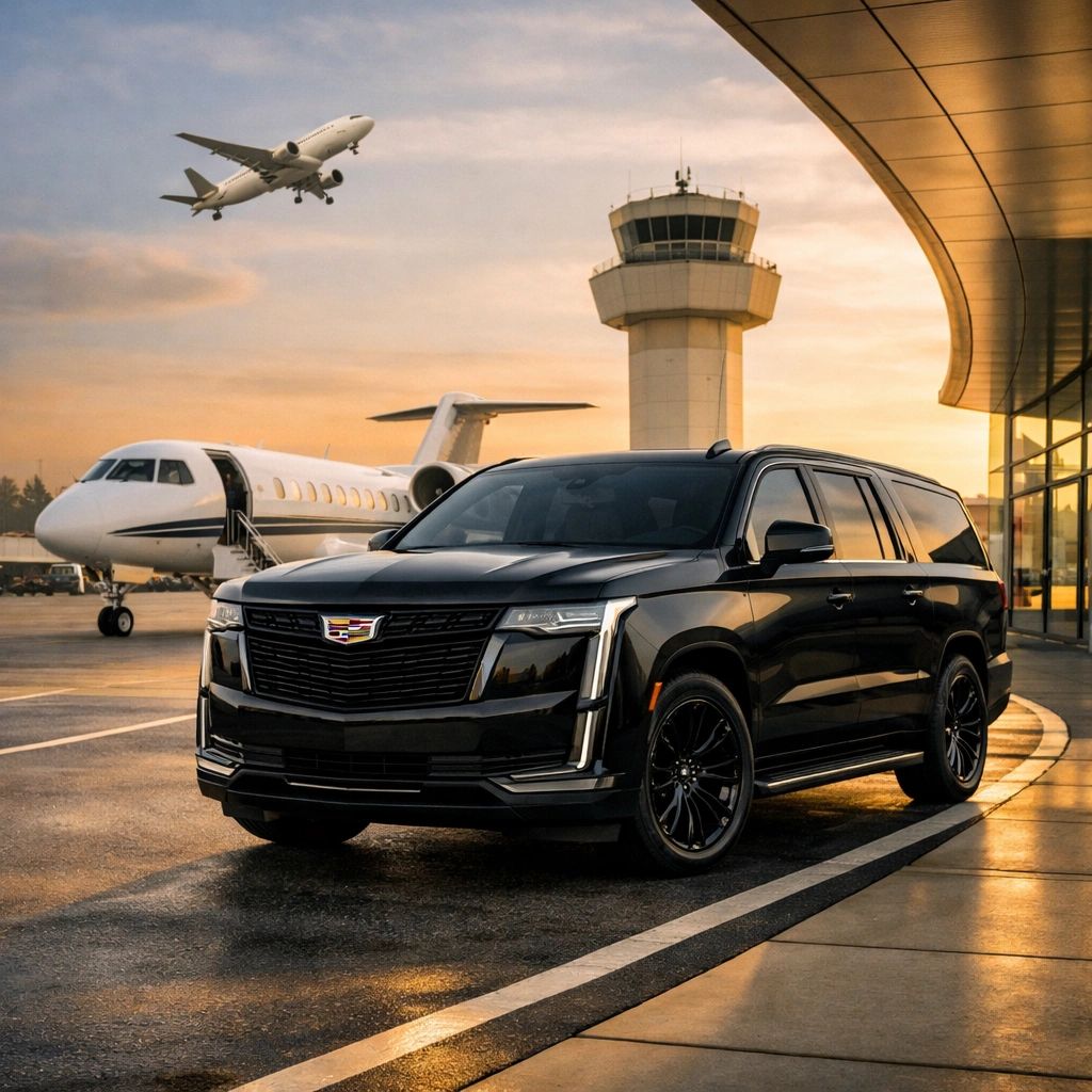 Black Cadillac SUV parked near private jets and an airport control tower at sunset.