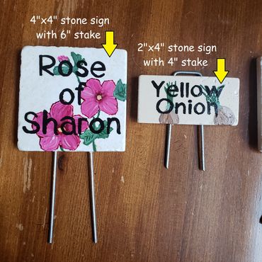 2 hand-painted garden signs.  One 4" x 4" with Rose of Sharon written on it with the flower