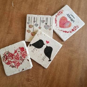 Hand Painted Love coasters.  Featuring hearts, love birds and the phrase 'I love you always'