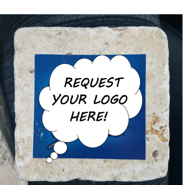 A stone coaster featuring a pop up bubble saying 'feature your logo here'