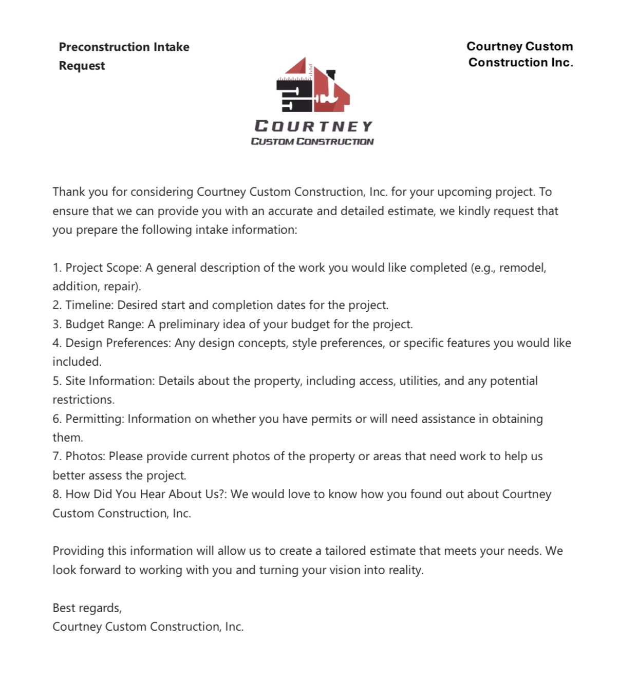 Preconstruction Intake Request Document