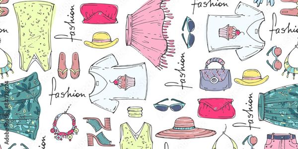 Colorful fashion items pattern with clothes and accessories.