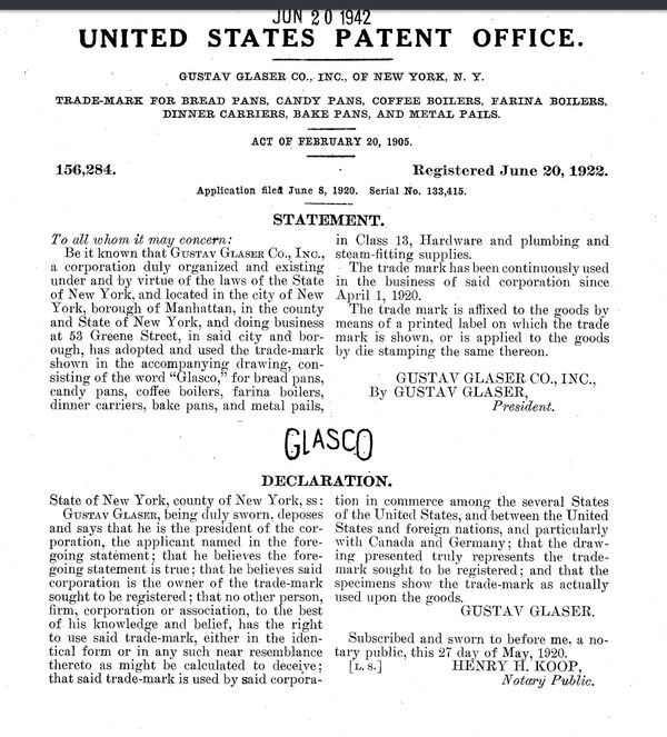 GLASCO brand trademarked June 20, 1922