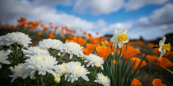 A bunch of white and orange flower With blue sky