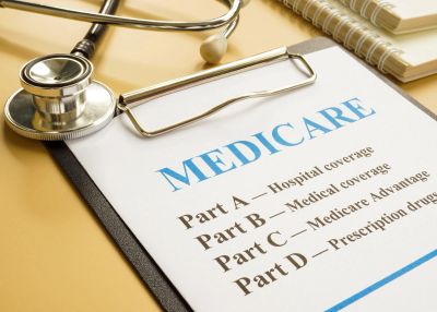 Medicare coverage parts listed on a clipboard with a stethoscope.