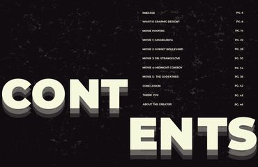 A stylized contents page with a retro design and a list of movie-related topics.