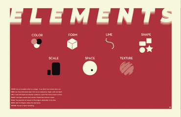 Graphic design elements like color, form, line, shape, scale, space, and texture explained.