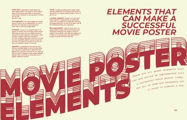 Graphic design listing key elements for a successful movie poster in bold red text on a beige background.
