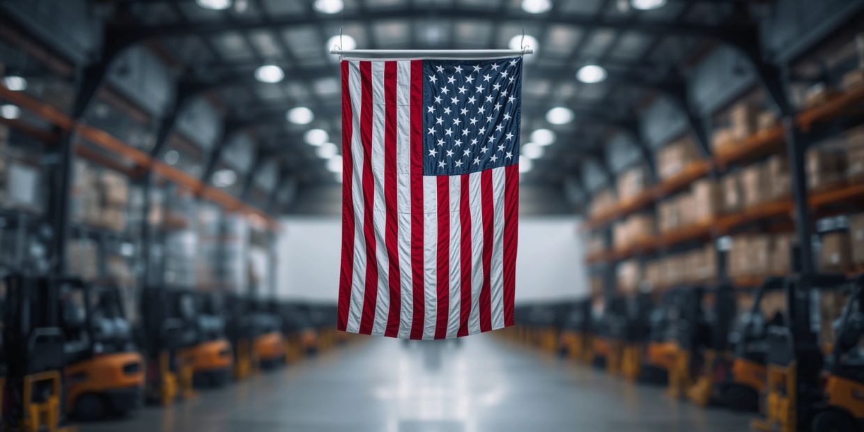 American flag hanging in a warehouse.