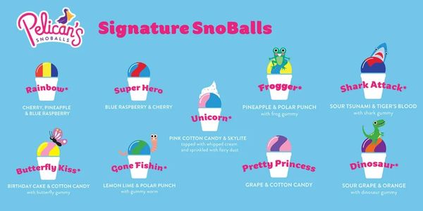 Signature snoball flavors available at our Pelican's Snoballs location