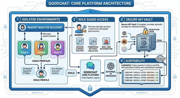 Diagram illustrating GoodChat's secure platform architecture with isolated child profiles and role-based access.