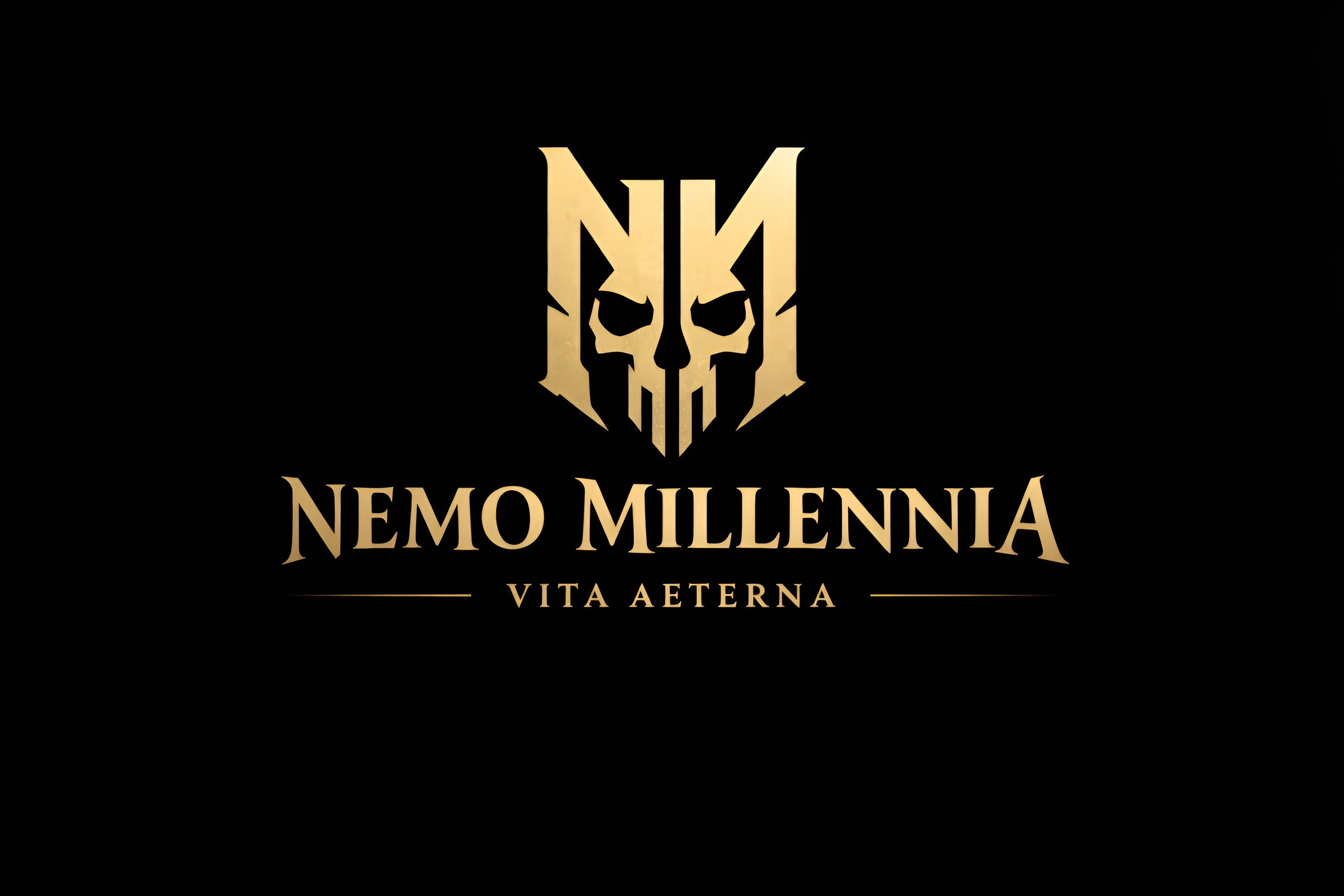 Gold emblem and text logo of Nemo Millennia with a skull design on black background.