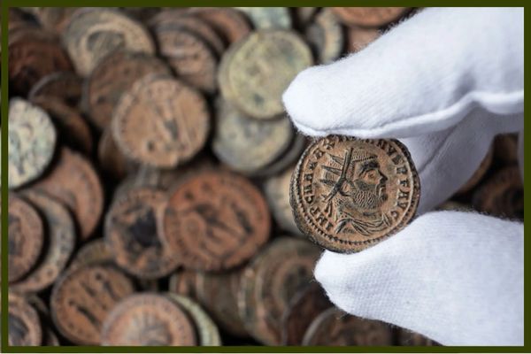Gloved hand holding an ancient coin.