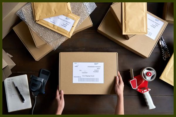 Hands holding a package on a wooden table with shipping supplies.