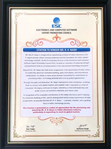 Special Citation of Recognition awarded by ESC to Mr. Riaz H. Naqvi.