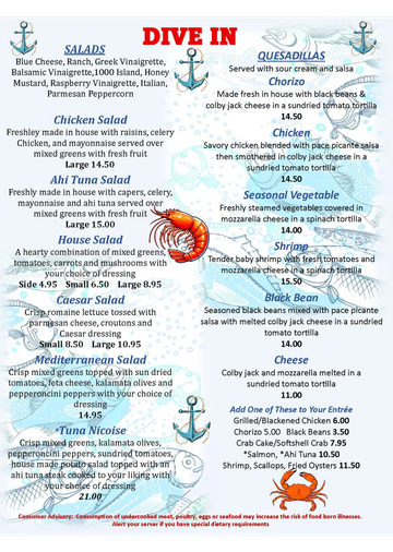 Menu of salads and quesadillas with prices and descriptions.