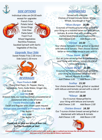 Menu featuring side options, sandwiches, and beverages with prices.
