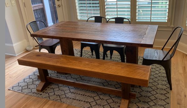 Rustic FarmHouse table built from reclaimed heart Pine with matching bench