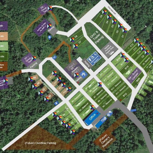 Detailed campground map showing site types, amenities, and trails.