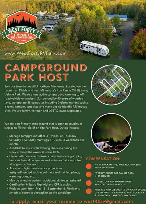 Campground park host job opportunity at West Forty RV Park in northern Minnesota.