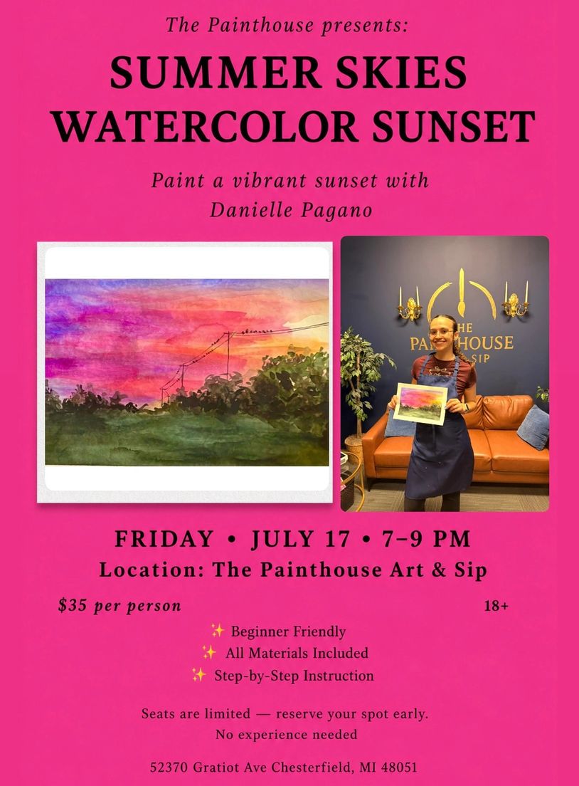 Summer watercolor sunset painting event at The Painthouse with Danielle Pagano, July 17, 7-9 PM.