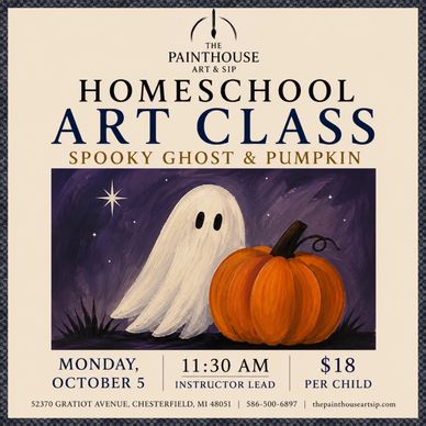 Homeschool art class featuring spooky ghost and pumpkin painting.