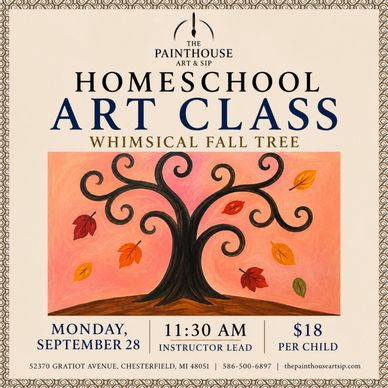 Homeschool art class flyer featuring a whimsical fall tree.