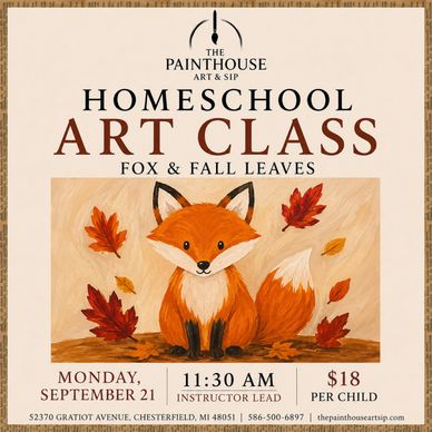 Homeschool art class flyer featuring a fox and fall leaves.