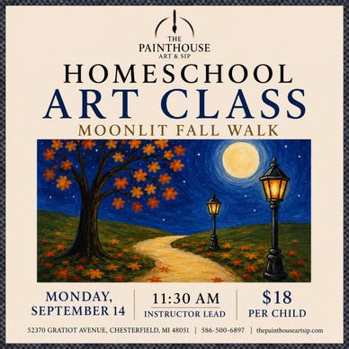 Poster for homeschool art class featuring a moonlit fall walk painting.