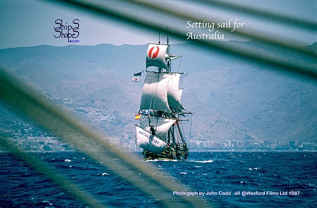 photo John Cadd - (c)Wexford Fims Ltd.1987;  Bounty replica departs Tenerife Canaries; First Fleet r