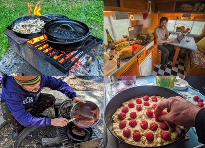 Cooking on a fire with a Dutch oven or Banks Fry Bake.
