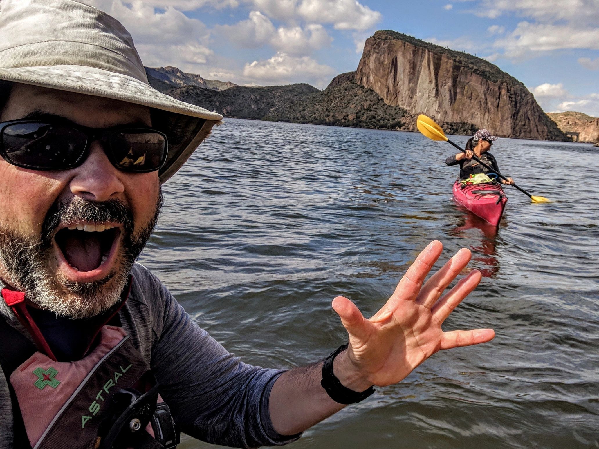 Hutch and Shari kayaking on Canyon Lake, Superstition Mountains, Arizona.