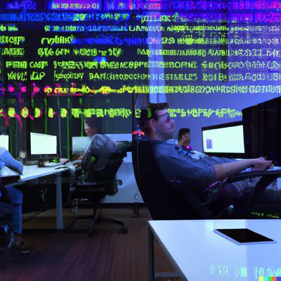 Technology services provider office with IT professionals monitoring systems